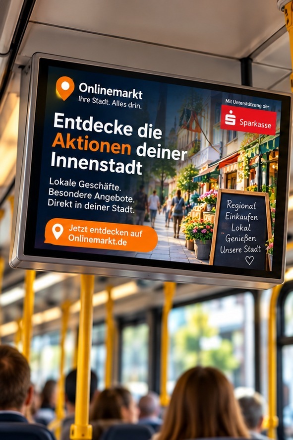 Beispiel einer gemeinsamen Kampagne im Fahrgastfernsehen mit Onlinemarkt und Unterstützerhinweis